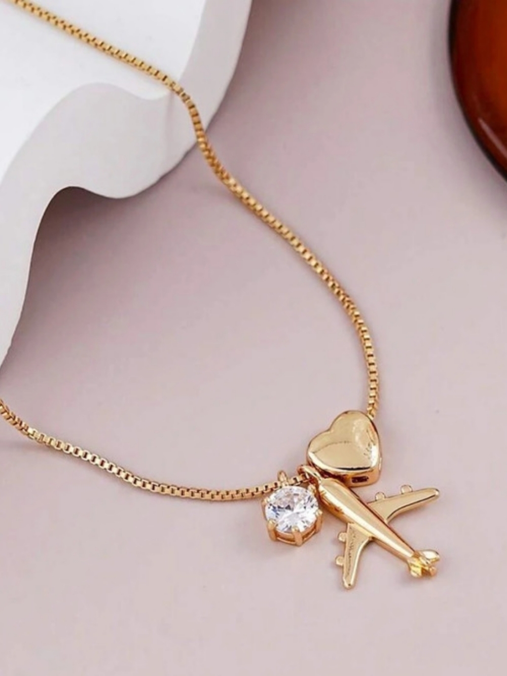 New Gold Heart & Airplane Charm Necklace